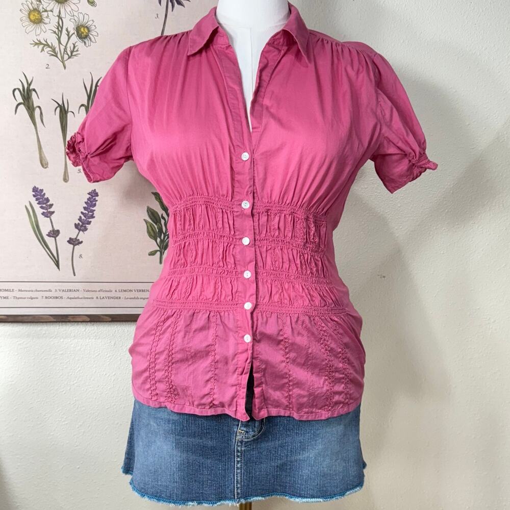 Y2k Pink Smocked Puff Sleeve Button Up Blouse Top Dolly Gyaru Trashy Bimbo M